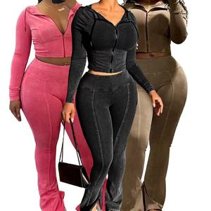 Women's Two Piece <b>Tracksuit</b> Set Long Sleeve Zip Front Crop Top High Waist Jogger Pants Activewear Set <b>Pink</b> Black Brown - Product Image 1