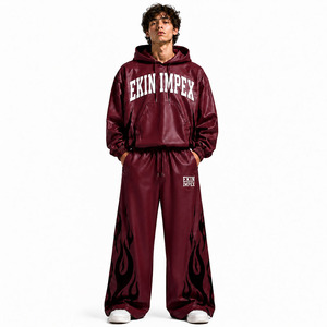 Wholesale Custom Front <b>Men</b> Unisex Burgundy Faux PU Leather Tracksuit Set Oversized Hooded Hoodie Wide Leg Pants Solid Pattern - Product Image 1