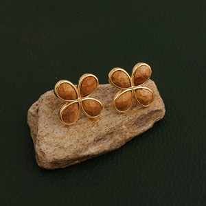 Boucles d'oreilles en forme de trèfle à quatre feuilles, pierre précieuse jaspe en forme de poire, plaqué or 18 carats, bijoux élégants faits à la main, cadeau pour elle - Product Image 4