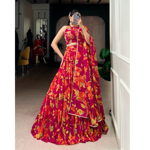 Lehenga Choli de Algodón con Estampado Floral Tradicional para Niñas, con Dupatta, para Bodas y Fiestas Indias - Product Image 1