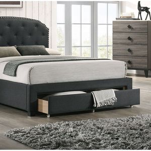 Letto singolo imbottito con testiera capitonné in tessuto di tela color antracite, con contenitore a cassetti e bottoni, 1 pz. - Product Image 4