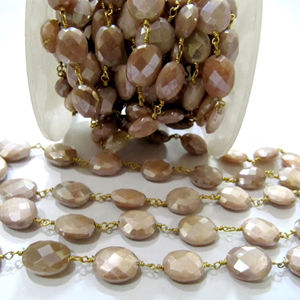 Natural Peach Moonstone Brass AB Coated Irregular Faceted Beads Rosary <b>Wire</b> Chains - Product Image 4