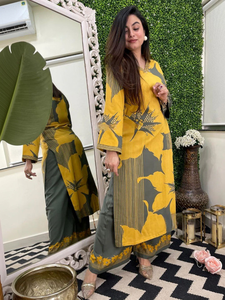 <b>Women</b> Yellow Floral Printed Silk Blend <b>Kurta</b> Palazzo Set Regular Fit Knee-Length Traditional Indian Pakistani Casual Wear - Product Image 4