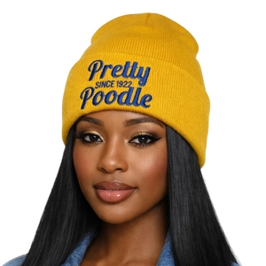Bonnet brodé personnalisé « Pretty Poodle Since 1922 » Or et Bleu pour Femme, style Sororité Grecque, en tricot d'hiver, chaud et décontracté - Product Image 1