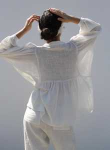 Women's Organic Cotton Double Gauze Vintage Pleated Peasant Blouse | Mandarin Collar Spaghetti Strap <b>Top</b> | Bohemian Style - Product Image 3