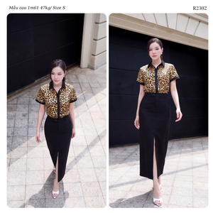 Women’s Leopard Pattern Silk Blouse and <b>Black</b> Khaki Midi <b>Skirt</b> Co Ord Set with Short Sleeves for Elegant Casual Wear OEM ODM Who - Product Image 5