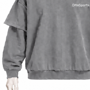 Gray Double Layer Hoodie Oversized Short Sleeve Overlay Long Sleeve Pullover Loose Fit <b>Vintage</b> Streetwear Hooded <b>Sweatshirt</b> - Product Image 5