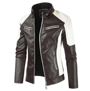 Blouson en cuir pour homme, coupe slim, style motard, col montant, respirant, manches longues, collection hiver, en promotion - Product Image 5