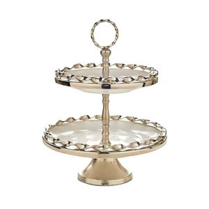 Soporte de pastel de metal pulido brillante de 2 niveles con acabado antiguo para vajilla y decoración de mesa precio al por mayor empaquetado en bolsa OPP - Product Image 1