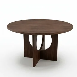 Table basse vintage ronde en bois de noyer foncé avec base à découpes géométriques, meubles de salon de style mid-century modern, pièces d'appoint - Product Image 1
