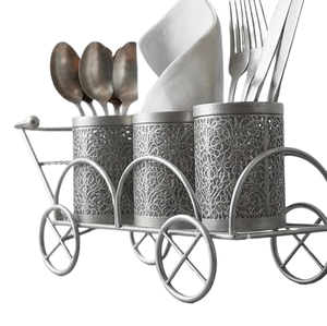 Vintage Metal Wheeled Cutlery Holder Silver 3 Compartment <b>Utensil</b> <b>Organizer</b> for Kitchen Tableware Storage - Product Image 2