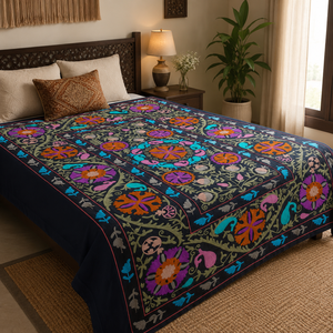 Couvre-lit traditionnel en coton brodé Suzani, noir, multicolore, floral, paisley, fait main, décoration intérieure indienne bohème - Product Image 2