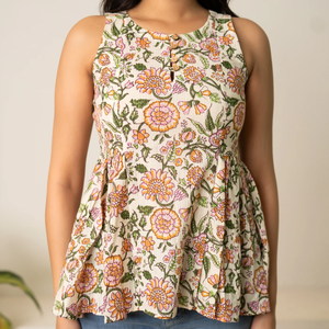 Blusa de Algodón con Estampado Floral Blanco Hecho a Mano para Mujer |   Ropa Casual Étnica sin Mangas para Verano, Proveedor Mayorista de India, Exportación - Product Image 4