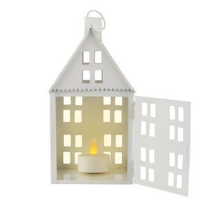 Farol de metal blanco moderno con forma de casa, portavelas decorativo de hierro con asa para decoración del hogar y eventos. - Product Image 1