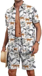 Chemise à manches courtes à col boutonné avec imprimé léopard tropical et palmiers blancs pour homme, ensemble 2 pièces assorti avec short, style décontracté hawaïen - Product Image 5