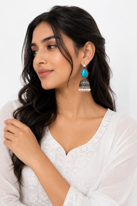 Factory Direct Oxidized <b>Silver</b> Turquoise Stone Pearl Jhumka <b>Earrings</b> Handmade Indian Ethnic <b>Dangle</b> Drop <b>Earrings</b> for Women - Product Image 3