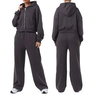 Ensemble de survêtement hiver à manches longues, couleur personnalisée, sweat à capuche uni en molleton, éco-responsable, 100% coton, 2 pièces - Product Image 1