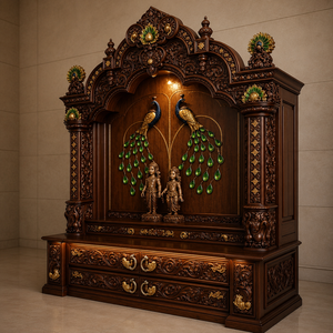 Mandir en bois au design paon pour salle de prière, temple domestique de designer en teck massif avec rangement, temple indien haut de gamme au design paon, USA - Product Image 3
