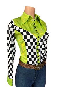 Camisa de rodeo verde neón para mujer, estilo ecuestre occidental, top de espectáculo, patrón sólido, tela elástica brillante - Product Image 4