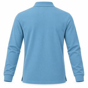 Men's <b>Long</b> <b>Sleeve</b> Polo Shirt <b>Light</b> <b>Blue</b> Solid Color Knitted Collar Casual <b>Top</b> 100% Cotton 220 GSM - Product Image 5
