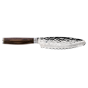 Couteau utilitaire dentelé de 6 pouces, lame en acier inoxydable martelé, manche en bois, trancheuse de cuisine pour le pain, les fruits et les légumes - Product Image 1