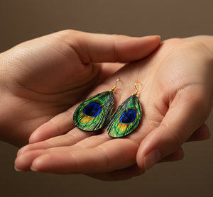 Boucles d'oreilles pendantes en laiton faites à la main, motif plume bleue turque, style bohème pour soirée, avec revêtement PU résistant au ternissement, pour femme - Product Image 6