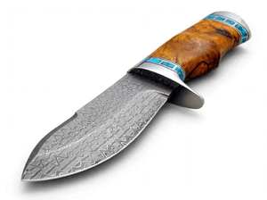 Herramienta Utilitaria de Hoja Fija para Exteriores de Acero de Damasco Hecha a Mano con Mango de Madera de Burl Estabilizada y Piedra Turquesa - Product Image 3