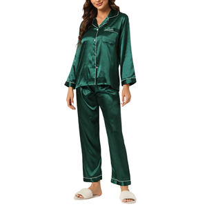 Ensemble de pyjama de salon boutonné en satin respirant pour femmes vêtements de nuit doux avec motif solide pour l'été, l'automne et le printemps - Product Image 5