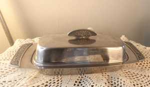 <b>Vintage</b> Mid Century Modern Stainless Steel Butter Dish with Underplate. - Product Image 2