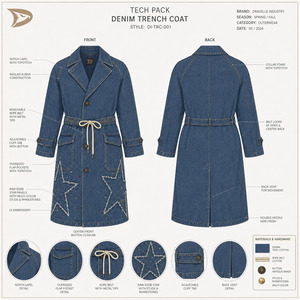 Gabardina de Mezclilla con Lavado Vintage para Hombre y Mujer, Chaqueta Oversize con Estrella de Pedrería y Cinturón de Cuerda Personalizado - Product Image 6