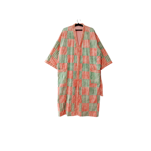Kimono de Algodón con Rayas Tejidas a Mano de Lujo |   Bata de dormir para mujer con cuello en V y ribetes en contraste |   Bata Sostenible de Manga Larga con Bolsillos - Product Image 1