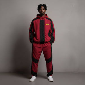 Conjunto Deportivo con Capucha para Hombre, Color Rojo y Negro, Estilo Urbano, Cierre Completo, Transpirable, Poliéster, 2 Piezas, Estilo Casual Otoñal - Product Image 1