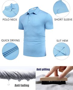 Men's Light <b>Blue</b> Short Sleeve <b>Polo</b> <b>Shirt</b> Regular Fit Solid Color Button Design Casual Style Knitted Pique Cotton Breathable - Product Image 3
