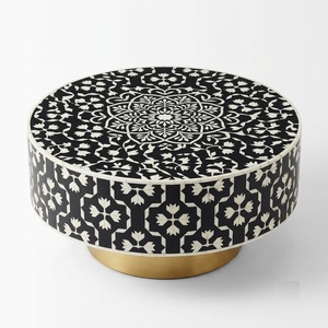 Mesa de centro clásica redonda con incrustaciones de hueso, de lujo, hecha a mano, con diseño floral índigo y base de latón pulido para sala de estar - Product Image 5