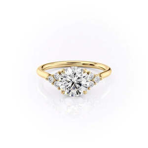 Anillo de Compromiso de Moissanita con Corte Redondo en Oro Amarillo con Tres Piedras Decorativas y Montura Clásica Solitaria - Product Image 1