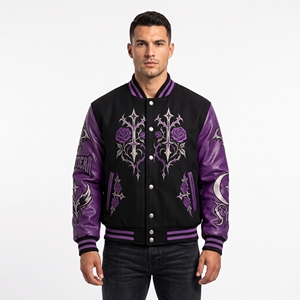 <b>Men</b> Black Purple Leather Sleeve <b>Jacket</b> Custom Rose Embroidery <b>Gothic</b> Floral Streetwear Snap Button Bomber - Product Image 2