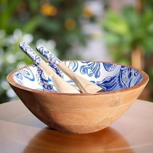 Juego de tazones para servir de madera de mango hechos a mano con cucharas a juego y estampado de esmalte curado - Océano - Product Image 6