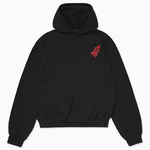 Sudadera con capucha negra para mujer con bordado de cohete rojo en la manga izquierda, corte regular, tejido de algodón, para otoño - Product Image 3