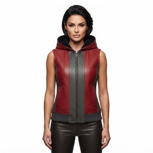 Chaleco de cuero OEM sin mangas para mujer, 100% cuero, con cremallera frontal, chaleco con capucha de cuero para mujer - Product Image 6