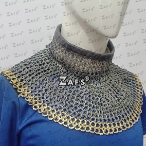 Gorget en maille de fer doux avec anneaux en laiton, collier médiéval de évêque ou de chevalier pour cosplay, reconstitution historique, costume de foire - Product Image 4