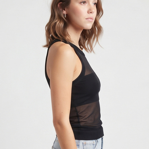 <b>Women's</b> <b>Black</b> Mesh Panel Knitted <b>Tank</b> <b>Top</b> O-Neck Sleeveless Casual <b>Tops</b> 100% Polyester Sheer Mesh Vest <b>Tops</b> <b>Women's</b> - Product Image 3