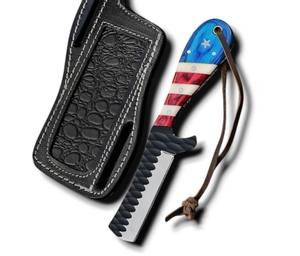Couteau de chasse et de camping Western Cowboy en acier inoxydable forgé à la main, motif drapeau américain, lame droite de 4 pouces, OEM - Product Image 1