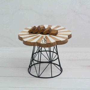 Flower Shape Wood Resin Cake Stand Stripe Inlay Sunburst Dessert Display Platter With Gold Metal Legs For Party Decoration - Product Image 2