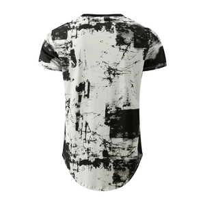 Black White Abstract Paint Splash Longline Curved Hem Tee Men Short Sleeve Cotton Wholesale Casual - Product Image 2