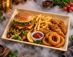 Nouveau plateau carré en feuille de palmier pour servir des burgers, des frites, des anneaux d'oignon et une salade pour les repas à emporter décontractés, 14x10 pouces. - Product Image 1
