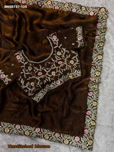 Sari indio de calidad de exportación para fiestas, de satén Fandy con bordado Zari y trabajo de espejos Savroski hecho a mano, fabricante de moda femenina. - Product Image 6