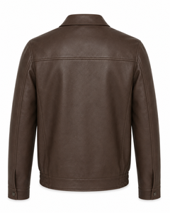 <b>Men</b>’s Classic <b>Brown</b> <b>Leather</b> <b>Jacket</b> with Shirt Collar, Front Zip, Side Pockets and Comfortable Regular Fit - Product Image 3