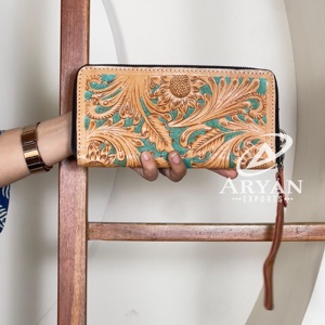Cartera de mano de cuero genuino de alta calidad con diseño de girasol grabado a mano para mujer, tarjetero y monedero de muñeca desmontable, novedad 2026 - Product Image 1