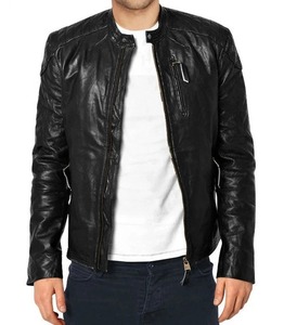 Slim Fit Men's Black Leather <b>Biker</b> <b>Jacket</b> - Product Image 1