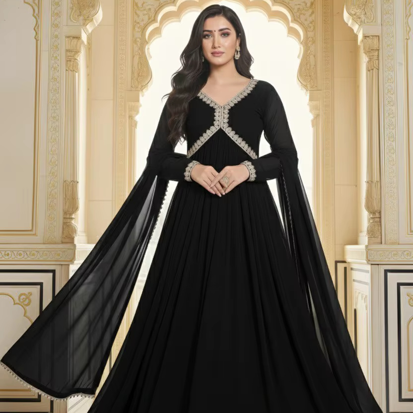 black 2000s prom dress Anarkali Suit Net Black Cord Work Salwar Kameez – Kajols main image 1